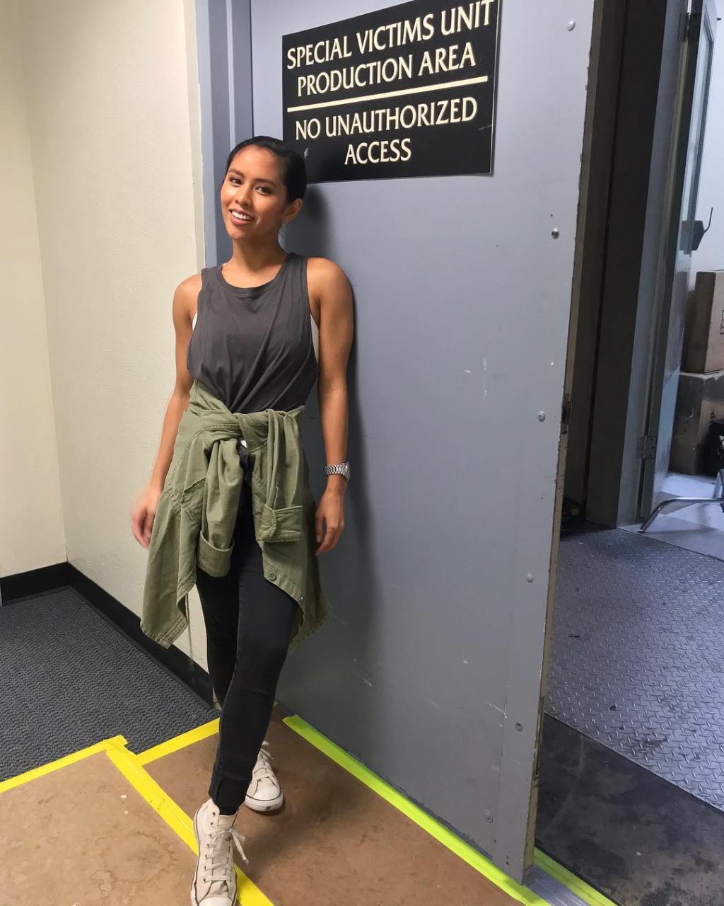 Azia Celestino on set with Law and Order SVU
